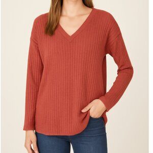 Entro Women’s Rust Red Ribbed Knit V-Neck Long Sleeve Sweater, size XL